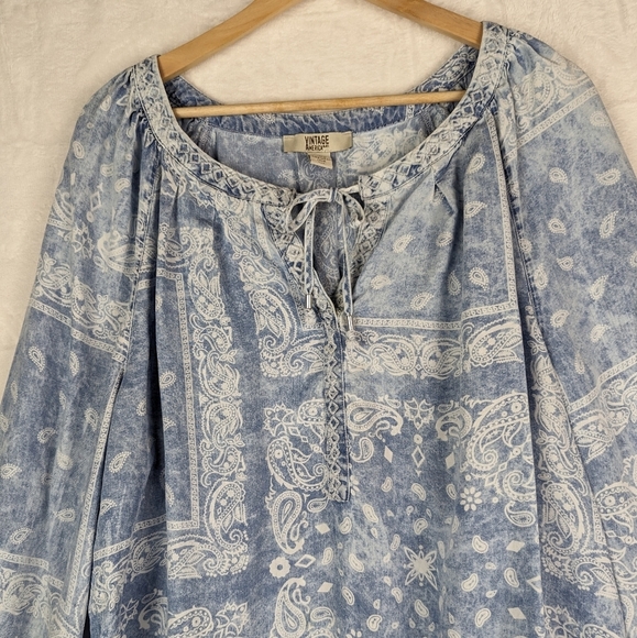Vintage America Chambray Denim Peasant Blouse Top XXL Blue Handkerchief Print - Picture 3 of 15